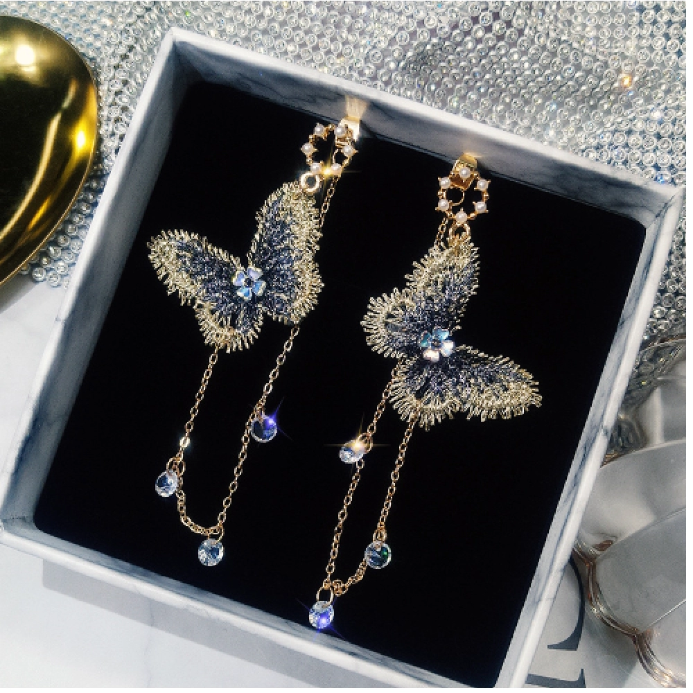 Butterfly Earrings Korean Temperament Long Style Tassel Pendant Earrings Exaggerate Personality Versatile Earrings Earstuds Female