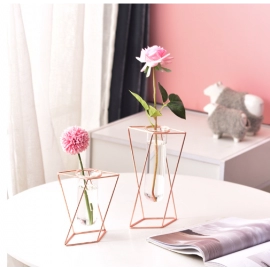 Nordic ins geometric vase light luxury metal iron ornaments living room flower arrangement creative home glass flower rack decoration